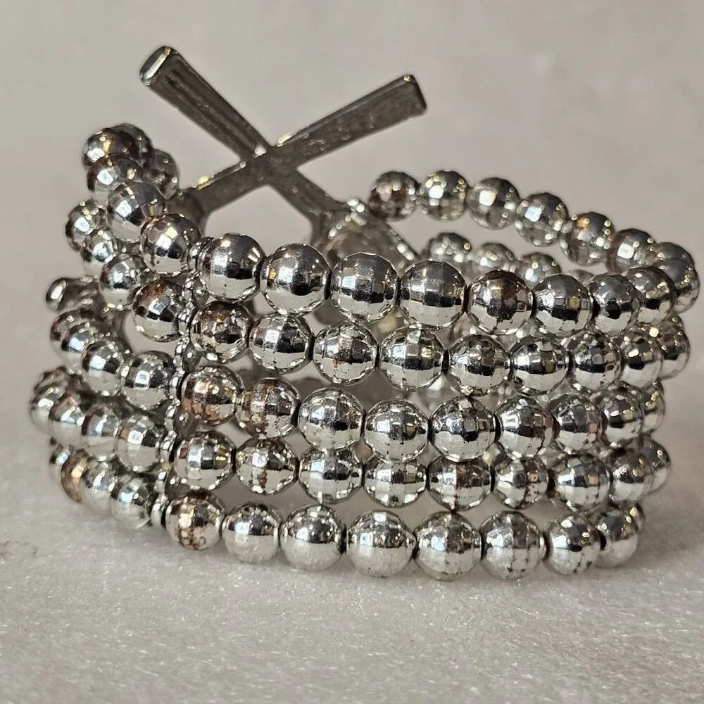 Cowgirl Stretch Bracelet Silver Tone‎ Beaded Rhinestones Star Chunky Western